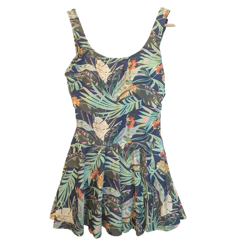 Shore Shapes Tropical Palm Print Swim Dress Navy Blue One Piece Size 10 2119-22A - Picture 2 of 16